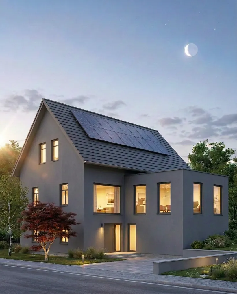 Einfamilienhaus mit Photovoltaik-Anlage auf dem Dach, installiert von BeVi Tech